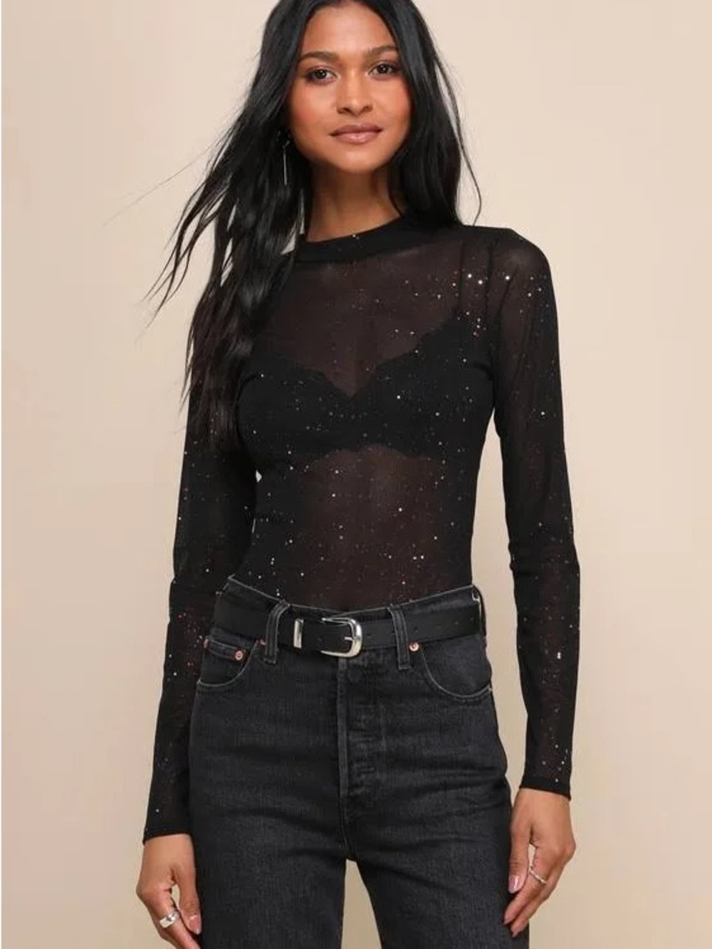 Lulu's Black Sheer Sparkle Long-Sleeve Top